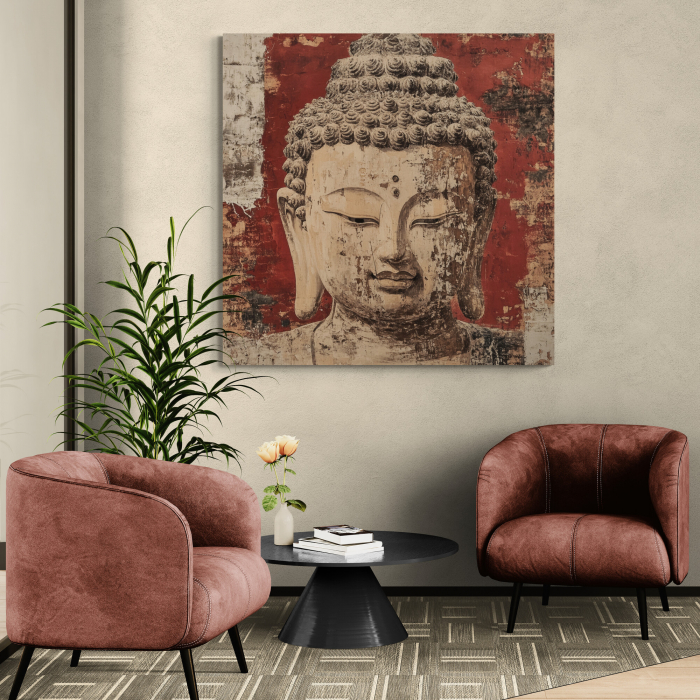 Tablou Buddha pe fundal roșu cu efect de zid vechi, [1]