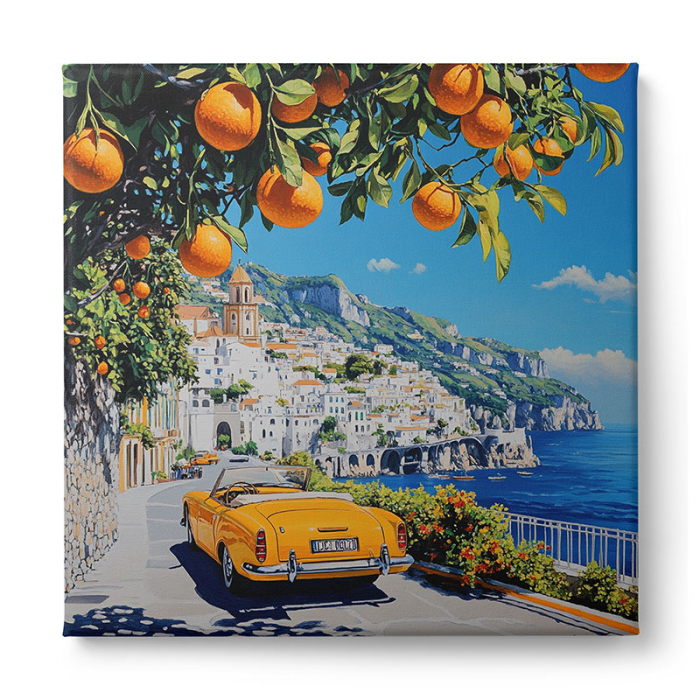 Tablou canvas cu o scenă mediteraneană: o mașină galbenă decapotabilă [2]