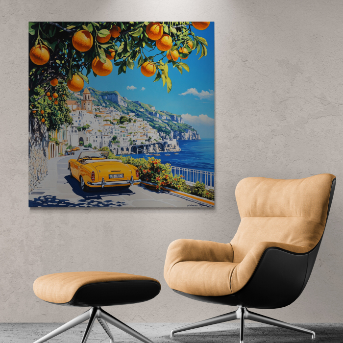 Tablou canvas cu o scenă mediteraneană: o mașină galbenă decapotabilă [1]