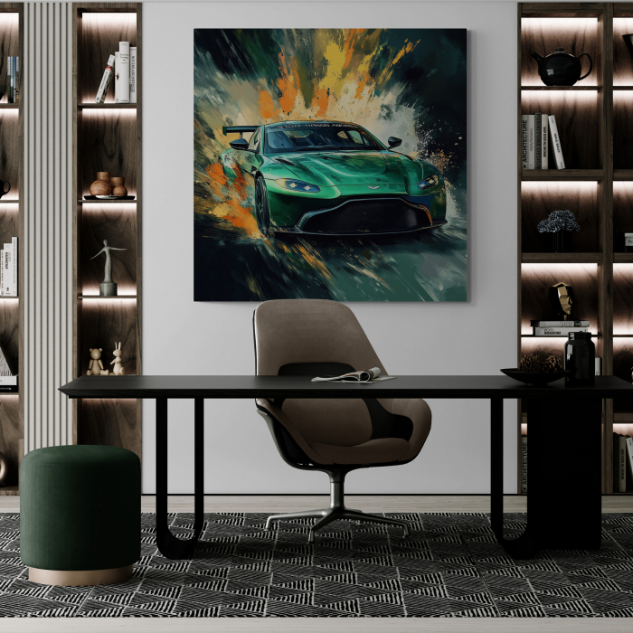 Un tablou vibrant, în stil abstract, ce înfățișează un Aston Martin de culoare verde, înconjurat de o explozie dinamică de culori portocalii și galbene. [1]