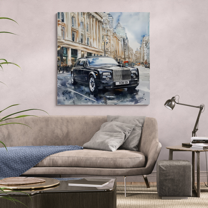 Tablou acuarelă cu un Rolls-Royce Phantom negru pe o stradă urbană [1]