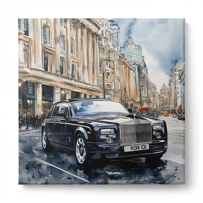 Tablou acuarelă cu un Rolls-Royce Phantom negru pe o stradă urbană [2]