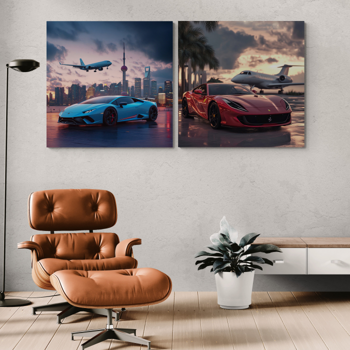 Două tablouri spectaculoase cu Lamborghini și Ferrari, ilustrate pe fundaluri luxoase cu avioane [1]