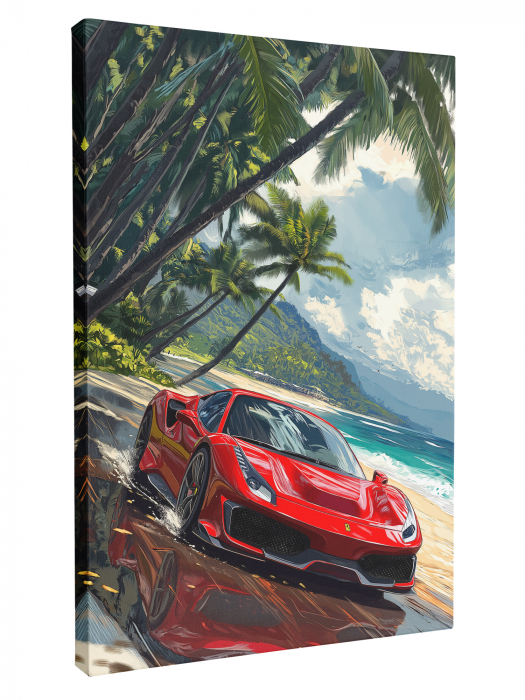 Tablou canvas cu un Ferrari 488 roșu lângă ocean, sub palmieri [2]