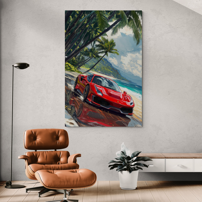 Tablou canvas cu un Ferrari 488 roșu lângă ocean, sub palmieri [1]