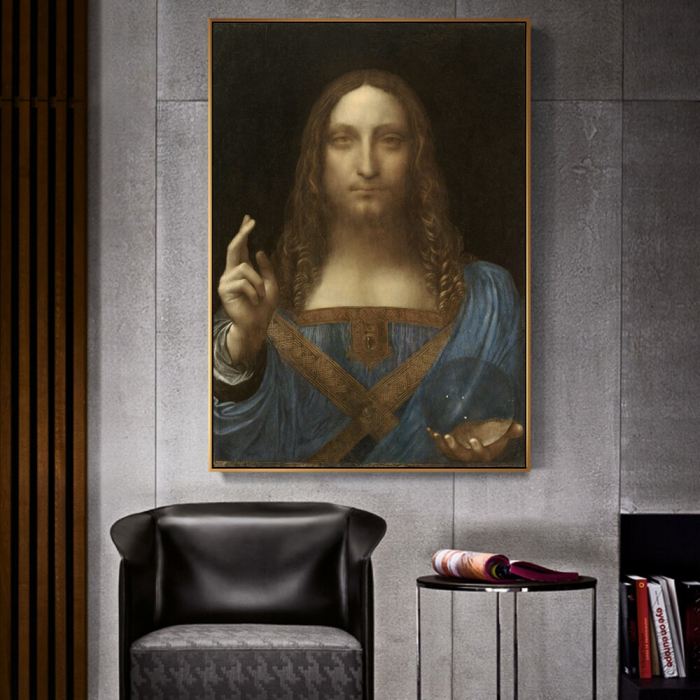 Reinterpretare modernă a Salvator Mundi de Leonardo da Vinci pe canvas. [3]