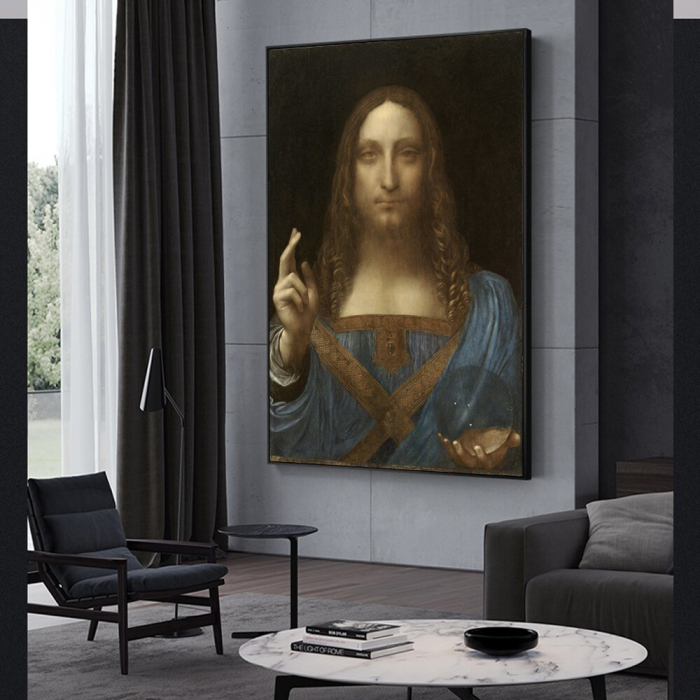 Reinterpretare modernă a Salvator Mundi de Leonardo da Vinci pe canvas. [1]