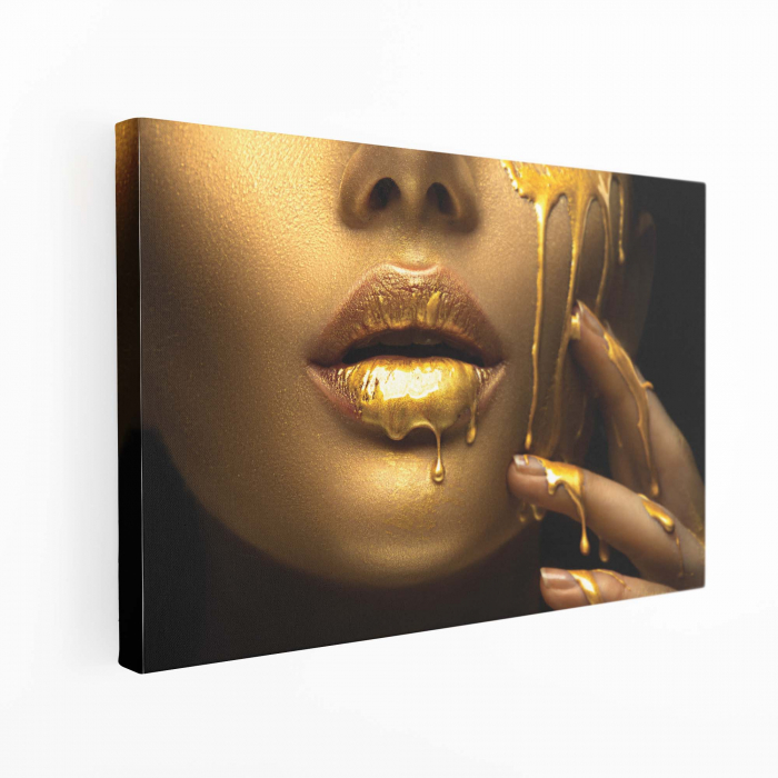 Tablou canvas, Intaglio, Modern, negru auriu, Portret femeie cu buze aurii, print pe panza Premium, pentru living [2]