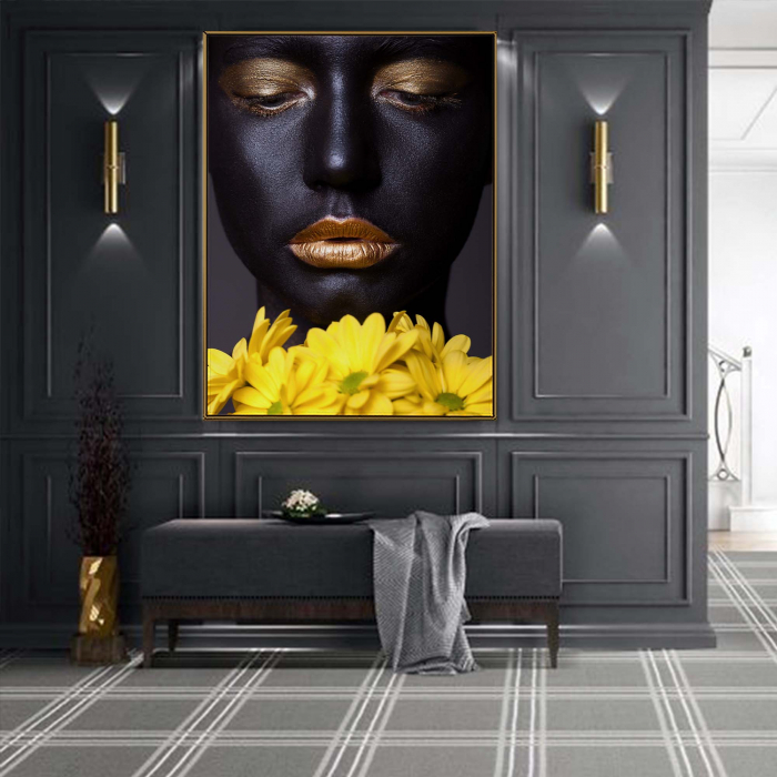 Tablou canvas, Intaglio, Modern, negru, Portret negresa cu flori galbene, print pe panza Premium, pentru hol [1]