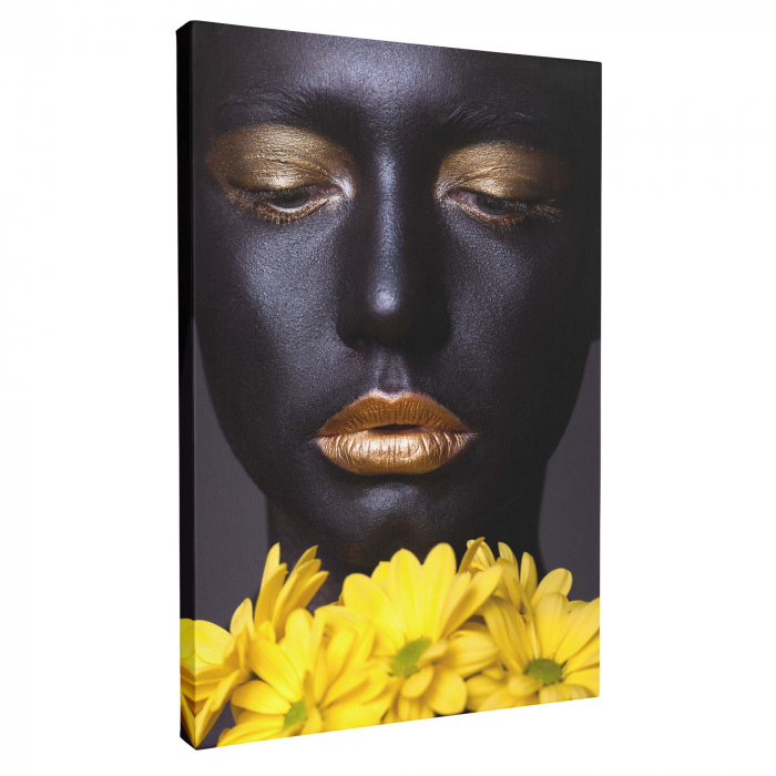 Tablou canvas, Intaglio, Modern, negru, Portret negresa cu flori galbene, print pe panza Premium, pentru hol [4]