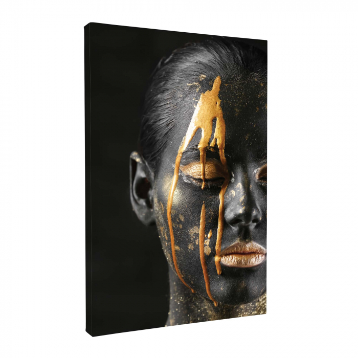 Tablou canvas, Intaglio, Modern, negru, Femeie senzuala buze aurii, print pe panza Premium, pentru living [3]