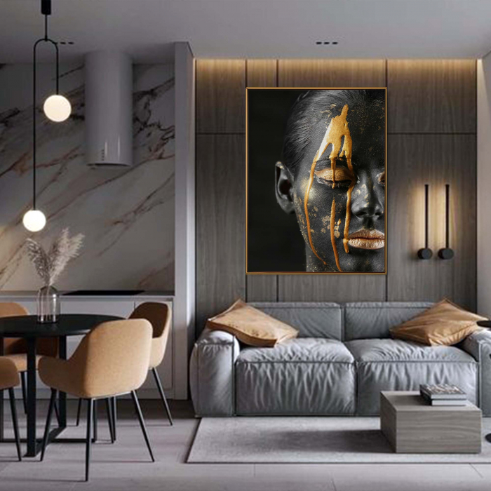 Tablou canvas, Intaglio, Modern, negru, Femeie senzuala buze aurii, print pe panza Premium, pentru living [2]
