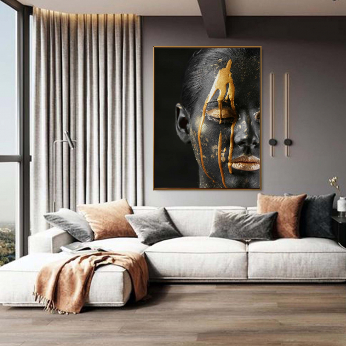 Tablou canvas, Intaglio, Modern, negru, Femeie senzuala buze aurii, print pe panza Premium, pentru living [1]