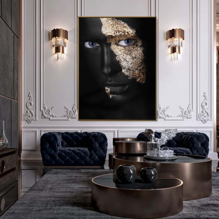Tablou canvas, Intaglio, Modern, negru auriu, Portret Femeie, print pe panza Premium, pentru living [1]