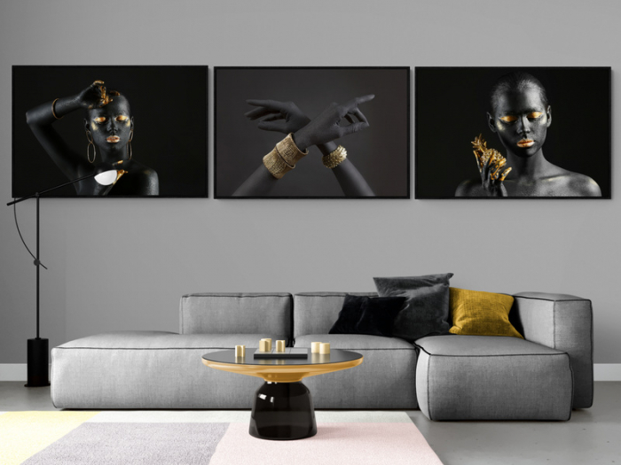 Tablou canvas, Intaglio, Modern, negru auriu, Portret Femeie senzuala, print pe panza Premium, pentru living [2]