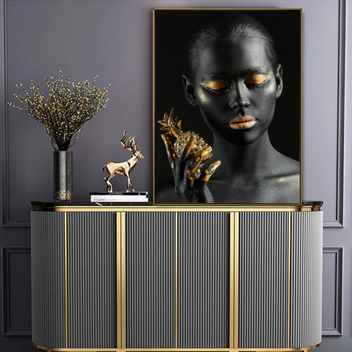 Tablou canvas, Intaglio, Modern, negru auriu, Portret Femeie senzuala, print pe panza Premium, pentru living [1]