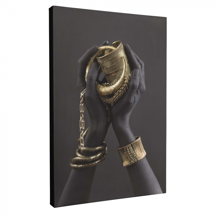 Tablou canvas, Intaglio, Modern, negru auriu, Maini cu bijuterii aurii, print pe panza Premium, pentru hol [4]