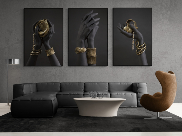 Tablou canvas, Intaglio, Modern, negru auriu, Maini cu bijuterii aurii, print pe panza Premium, pentru hol [2]