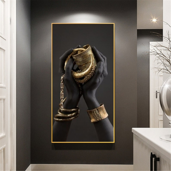 Tablou canvas, Intaglio, Modern, negru auriu, Maini cu bijuterii aurii, print pe panza Premium, pentru hol [1]