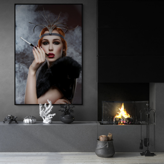 Tablou canvas, Intaglio, Modern, negru, Portret Femeie misterioasa, print pe panza Premium, pentru dormitor [1]