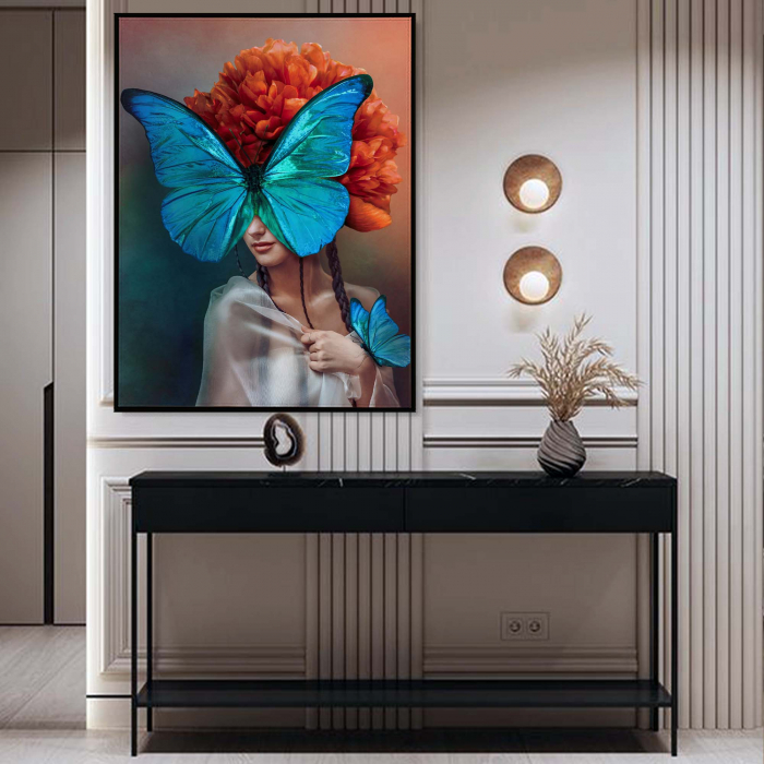 Tablou canvas, Intaglio, Modern, color, Portret Femeie fluture turcoaz, print pe panza Premium, pentru living [2]