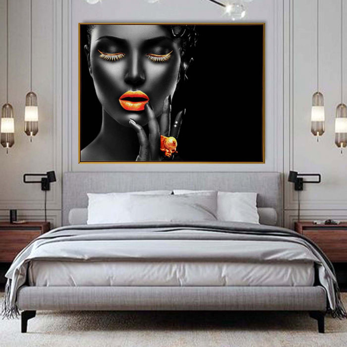 Tablou canvas, Intaglio, Modern, negru, Portret femeie senzuala, print pe panza Premium, pentru dormitor [1]