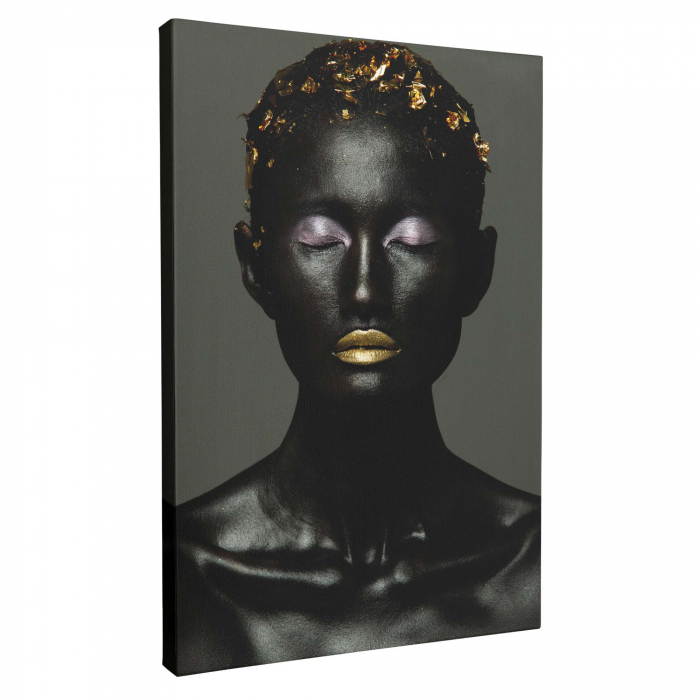 Tablou canvas, Intaglio, Modern, negru, Portret negresa cu buze aurii, print pe panza Premium, pentru living [4]