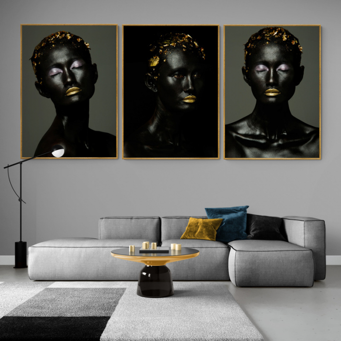 Tablou canvas, Intaglio, Modern, negru, Portret negresa cu buze aurii, print pe panza Premium, pentru living [2]