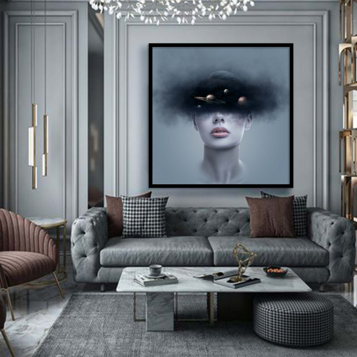 Tablou canvas, Intaglio, Modern, Portret Femeie in dubla expunere cu planete, print pe panza Premium, pentru living [1]