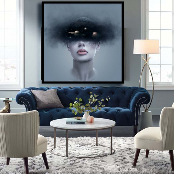 Tablou canvas, Intaglio, Modern, Portret Femeie in dubla expunere cu planete, print pe panza Premium, pentru living [2]