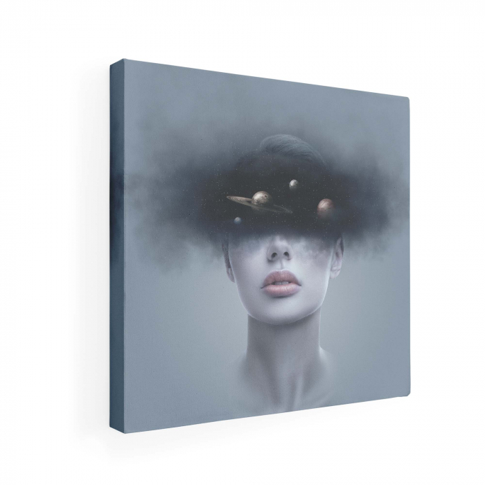 Tablou canvas, Intaglio, Modern, Portret Femeie in dubla expunere cu planete, print pe panza Premium, pentru living [3]