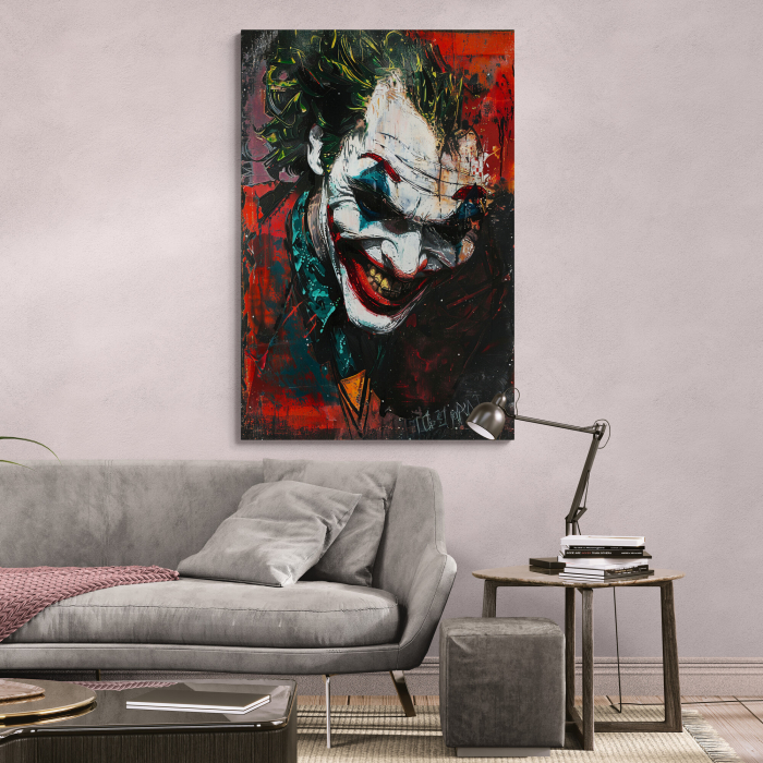 Tablou canvas vertical cu un portret artistic al personajului Joker, realizat într-un stil pictura [1]