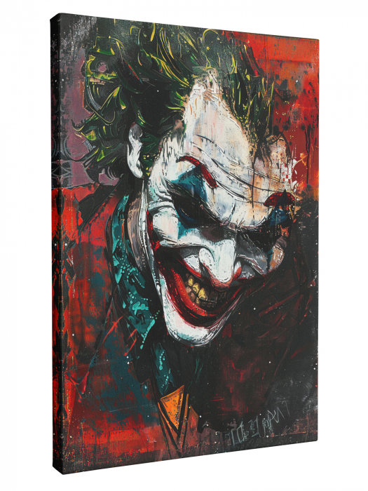 Tablou canvas vertical cu un portret artistic al personajului Joker, realizat într-un stil pictura [2]