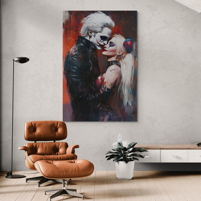 Tablou canvas vertical cu Joker și Harley Quinn într-o îmbrățișare [1]