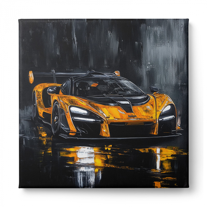 Tablou cu un McLaren auriu/portocaliu în stil abstract, cu reflexii pe o suprafață întunecată [2]