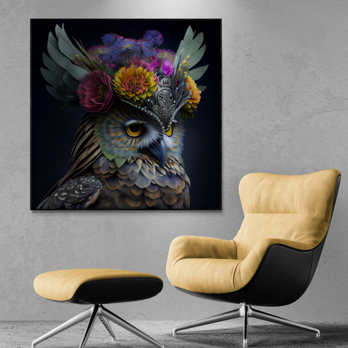 Tablou canvas, modern, Animale, Bufnita cu flori pe cap, pentru birou [1]