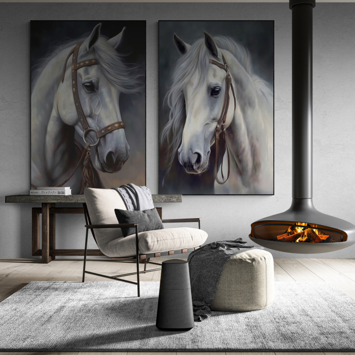 Tablou canvas, modern, Animale, Cai albi in stil abstract, pe fundal gri, pentru cabana la munte [1]