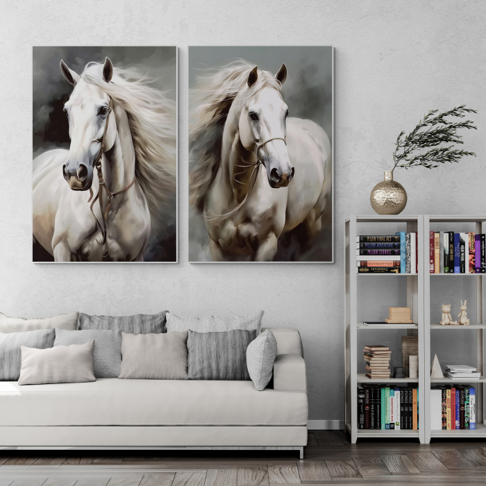 Tablou canvas, modern, Animale, Cai albi in stil abstract, pe fundal gri, pentru living [1]