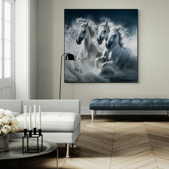 Tablou canvas, modern, Animale, Cai albi, pe fundal gri, pentru showroom [1]