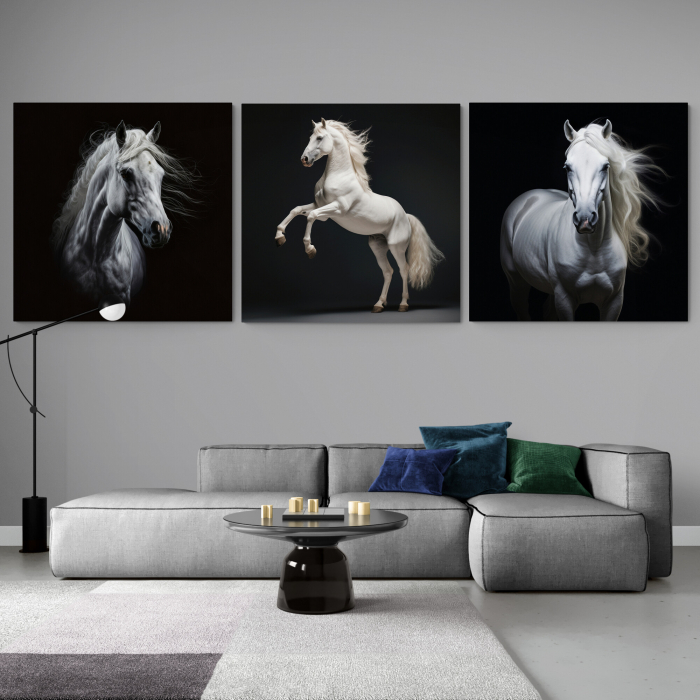 Tablou canvas, modern, Animale, Cai albi pe fundal negru, pentru living, sufraferie [1]