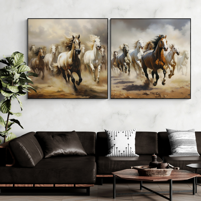 Tablou canvas, modern, Animale, Cai in stil abstract, nuante de crem, maro, pentru sufragerie, hol [1]
