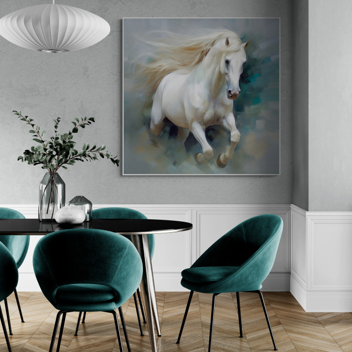 Tablou canvas, modern, Animale, Cal alb in stil abstract, nuante de turcuaz,  gri, pentru restaurant [1]