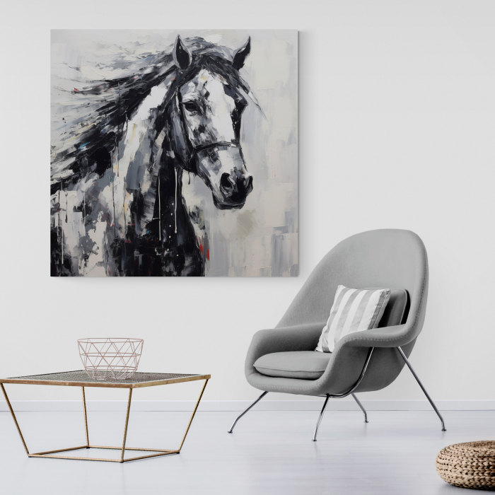 Tablou canvas, modern, Animale, Cal alb negru in stil abstract, pe fundal gri, pentru showroom [1]