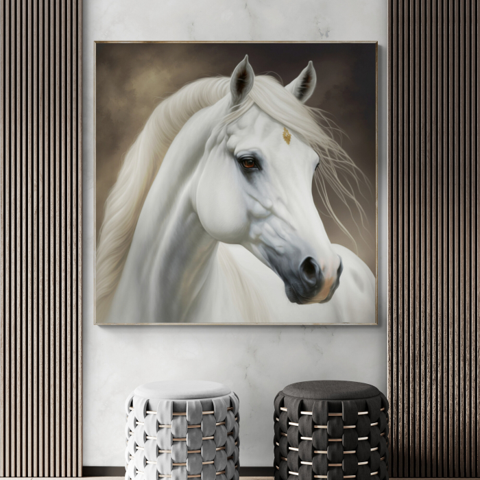 Tablou canvas, modern, Animale, Cal alb, pe fundal maro, pentru hotel [1]