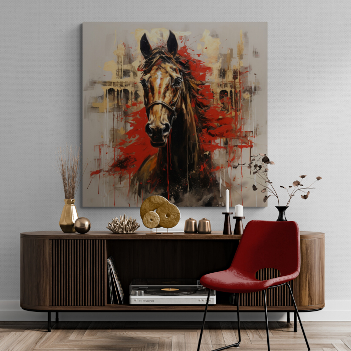 Tablou canvas, modern, Animale, Cal in stil abstract, nuante de rosu, auriu, pentru hotel [2]