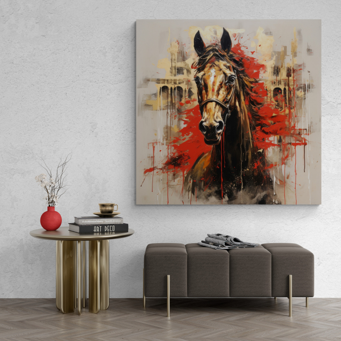 Tablou canvas, modern, Animale, Cal in stil abstract, nuante de rosu, auriu, pentru hotel [1]