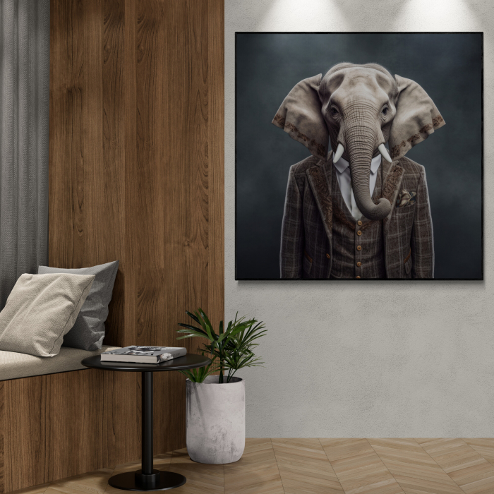 Tablou canvas, modern, Animale, Elefant in costum,pe fundal negru, pentru hol, living [1]