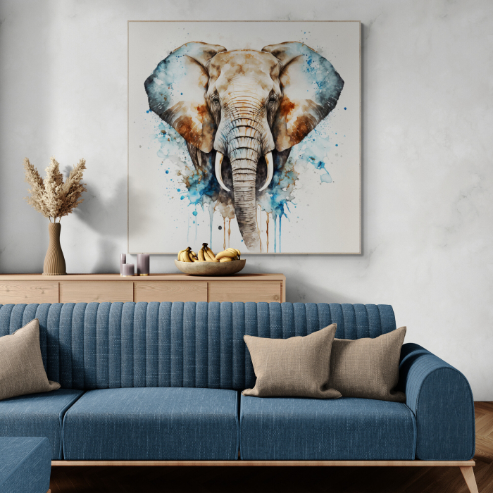 Tablou canvas, modern, Animale, Elefant, nuante de albastru, pe fundal alb, pentru showroom [1]