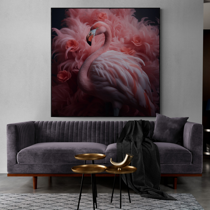 Tablou canvas, modern, Animale, Flamingo roz pe fundal negru, pentru dormitor [1]