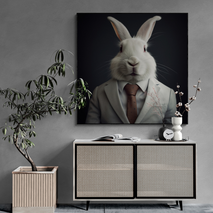 Tablou canvas, modern, Animale, Iepure alb in costum,pe fundal negru, pentru hol, living [1]